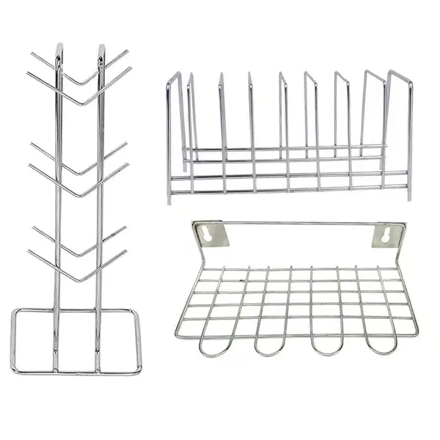 Stainless Steel Cup Stand & Plate Stand with Utensil Holder, Set of 3, Silver