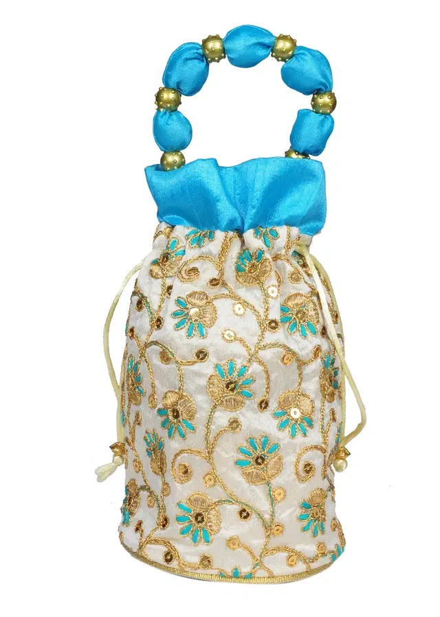 Silk Floral Ethnic Rajasthani Traditional Work Potli with Handle for Return Gifts, Turquoise