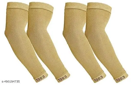 Poly Blend Sold UV Protected Arm Sleeves for Men & Women, Beige, Set of 2