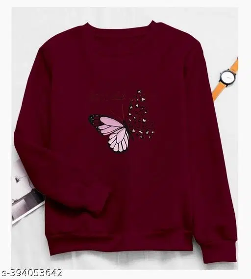 Cotton Printed Sweatshirt for Women (Maroon, S)