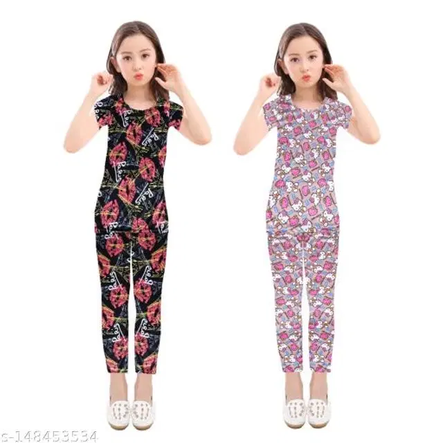 Polycotton Nightsuit for Girls, Pack of 2 (Black & Purple, 3-4 Years)