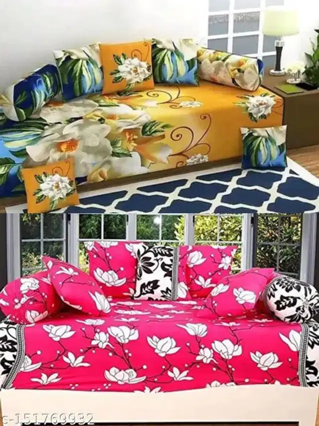Polycotton Diwan Cover Set, Multicolor, Combo of 2