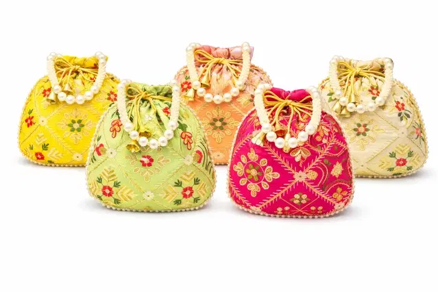 Handcrafted Embroidered Silk Potli Bag, Multicolour, Pack of 5