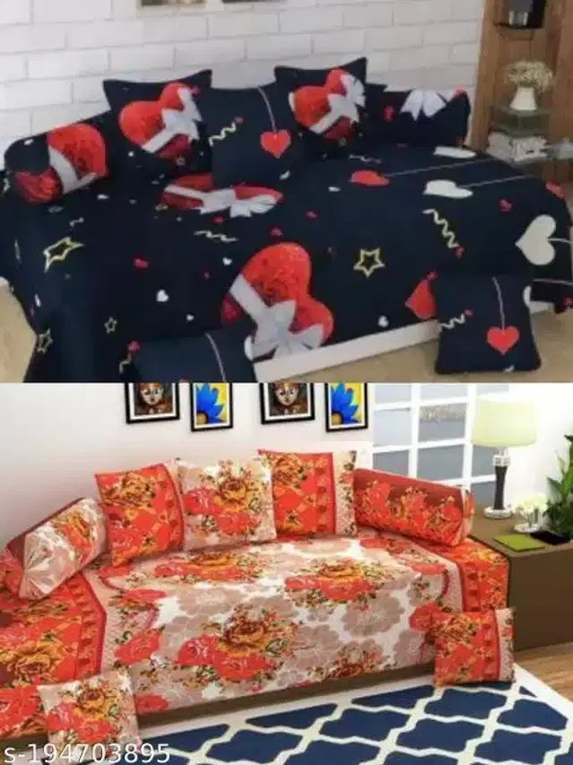 Polycotton Diwan Cover Set, Black & Orange, Combo of 2