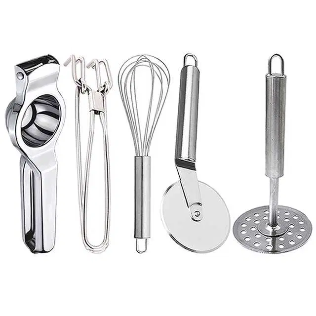 Stainless Steel Lemon Squeezer & Pakkad & Egg Whisk & Pizza Cutter & Potato Masher For Kitchen, Set of 5, OC-078