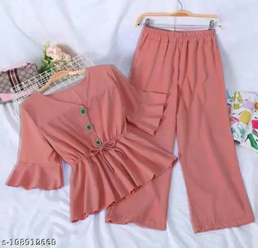 Polyester Solid Top & Bottom Set for Women, Peach (XS)