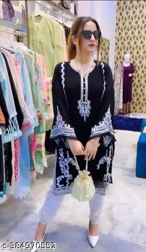 Georgette Printed Kurta & Paint Set For Womens, Black (XXXL)