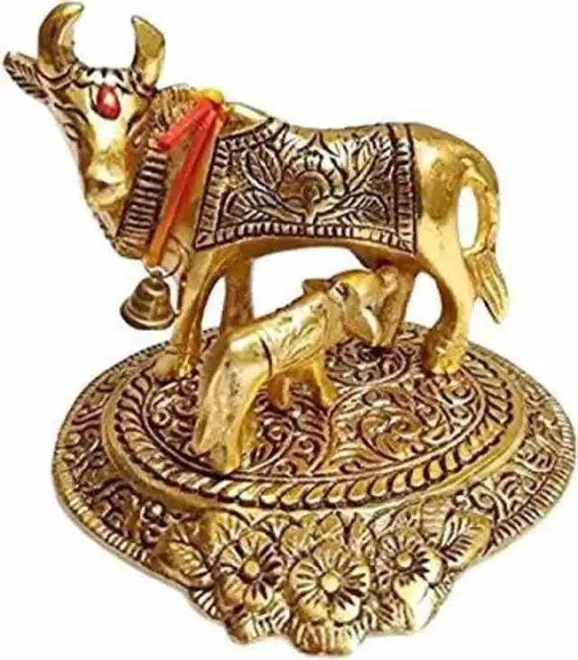 Metal Kamdhenu Cow with Calf Showpiece, Brass