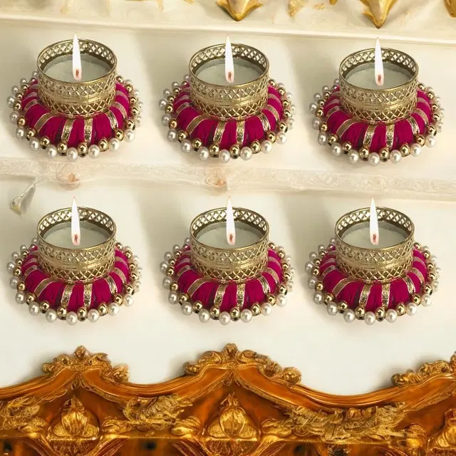 Metal Designer Tealight Candle Holder, Pink, 7.8x7.8x3 cm, Pack of 6