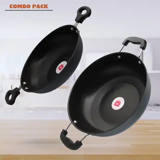 Iron Hard Anodised Non Stick Kadai Cookware Combo for Kitchen, Black, Pack of 2