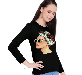 Round Neck Printed Sweatshirt for Women (Black, XL)