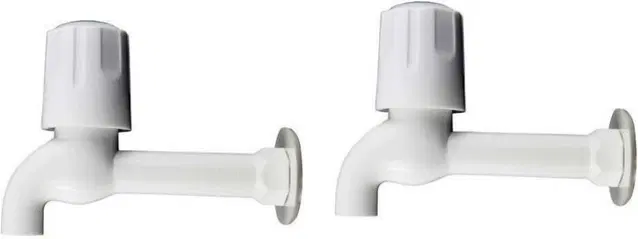 Plastic Long Body Bib Cock Tap with Wall Flange, White, Set of 2