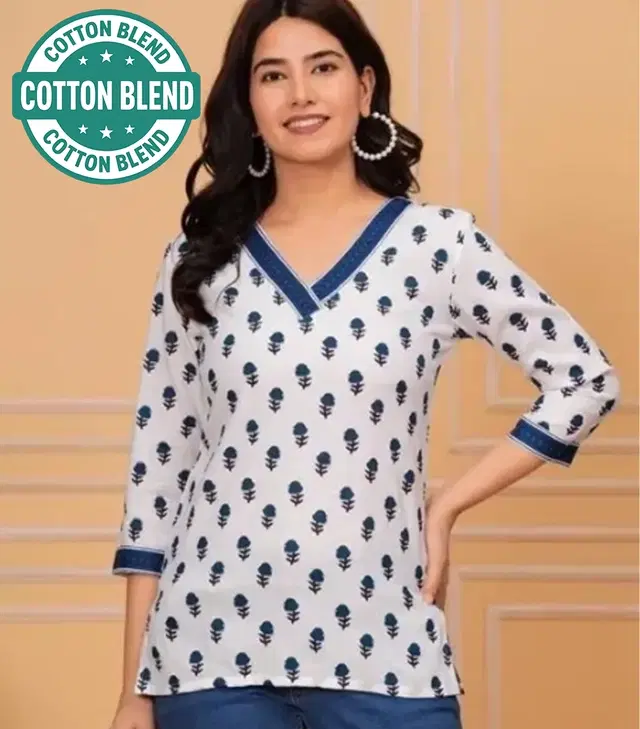 Cotton Blend Block Print Short Kurti for Women, White (M)