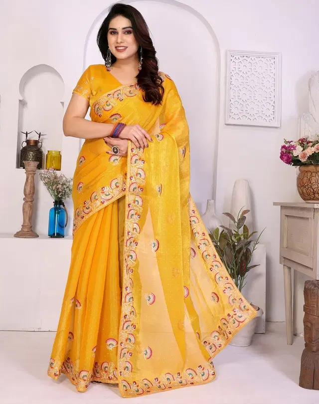 Sana Silk Embroidered Saree for Women (Multicolor, Free Size)