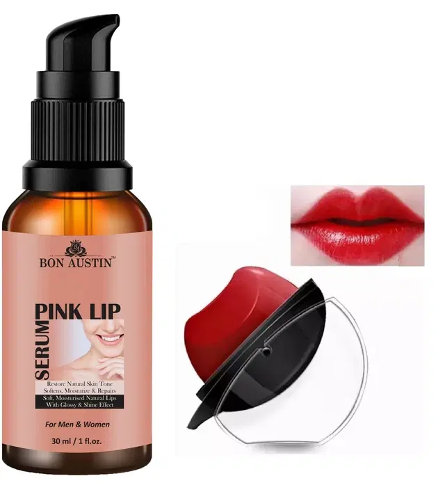 Bon Austin Pink Lip Serum, 30 ml with Apple Shaped Lipstick, Red, Set of 2