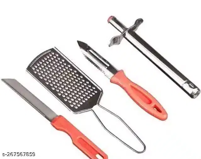 Knife & Gas Lighter with Peeler & Grater, Pink, Set of 4