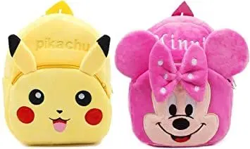 Heaven Decor Pikachu & Minnie Combo Velvet Soft Plus Kidds School Bag Nursury Class To 5,  14 Inch, Pink, A038