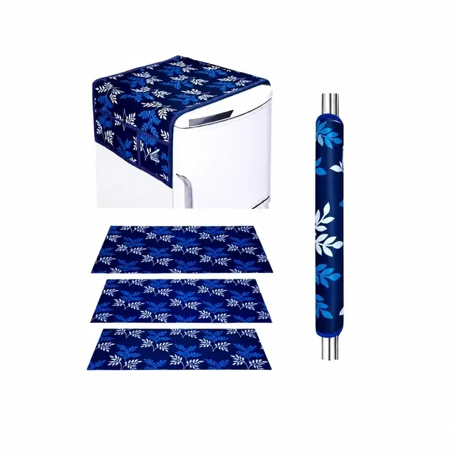 Grover 1 Fridge Top Cover with 1 Handle cover & 3 Placemat [Pack of 5] Blue