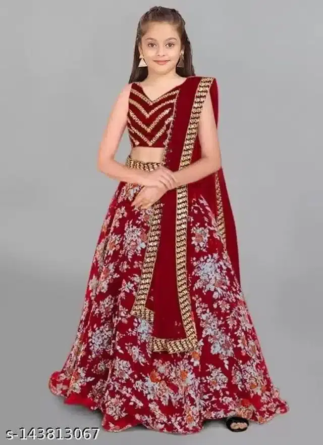 Satin Lehenga Choli With Dupatta for Girls (Maroon, 14-15 Years)