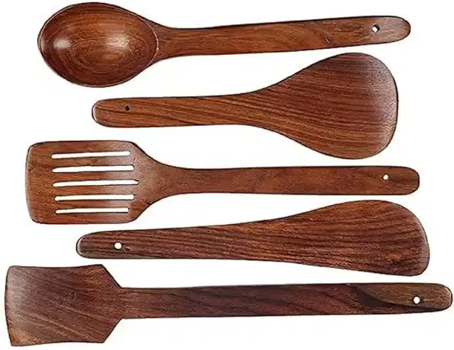 Wooden Cooking & Serving Spoons, Brown, Set of 5