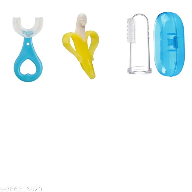 Combo of Silicone U-Shape, Banana Shape & Finger Toothbrushes for Infants, Multicolor, Set of 3