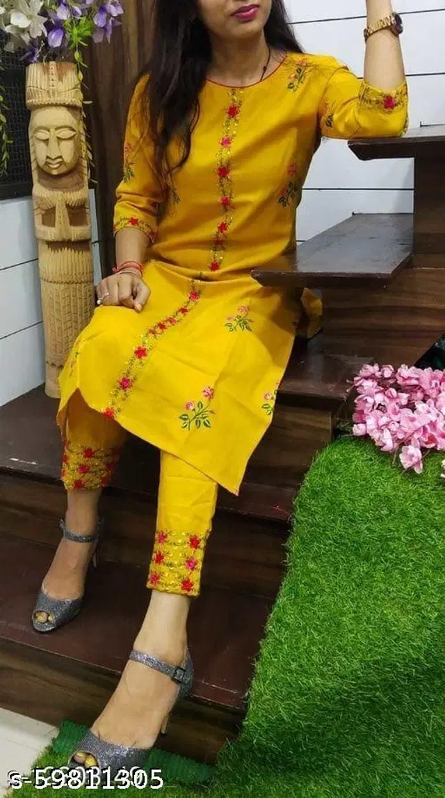 Anarkali Cotton Blend Embroidered Kurti with Pant for Women (Yellow, S)
