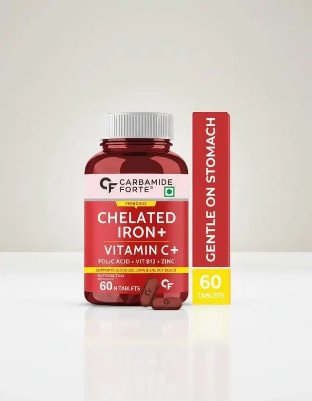 CARBAMIDE FORTE Chelated Iron Tablets for Women & Men with Folic Acid | Iron Supplement, 60 Tablets