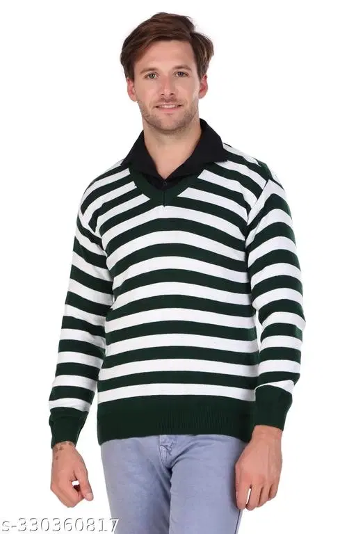 Full Sleeves Sweater for Men (Green & White, M)