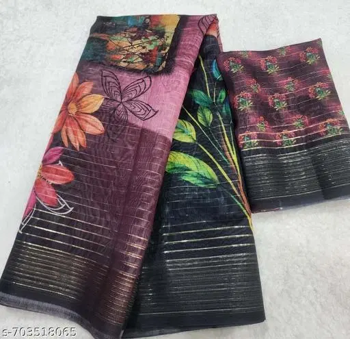 Floral Printed Chanderi Saree (Purple, Free Size)