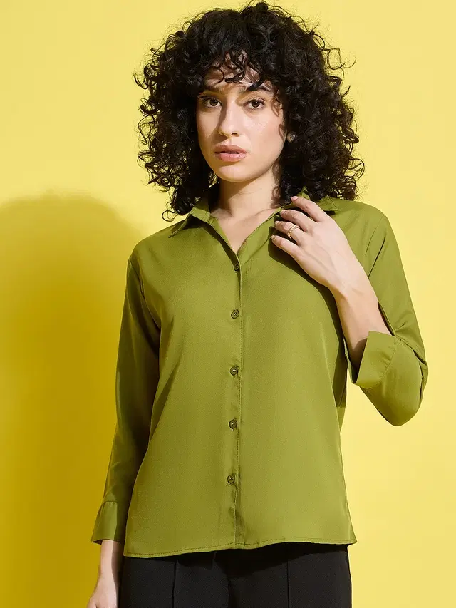 Three-Quarter Sleeves Solid Shirt for Women (Olive, M)
