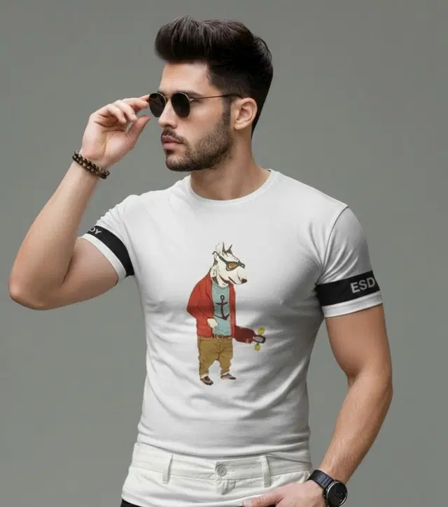 Polyester Printed T-shirt for Men, White (XL)