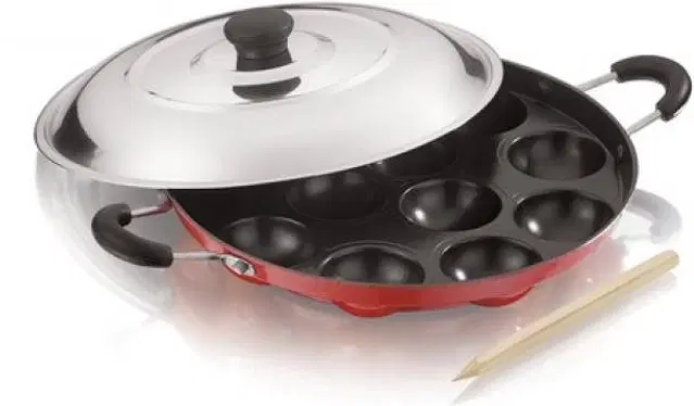 ZODEX 12 Cavities Non Stick Appam Patra with Lid and Side Handle, Multicolor, 21 cm