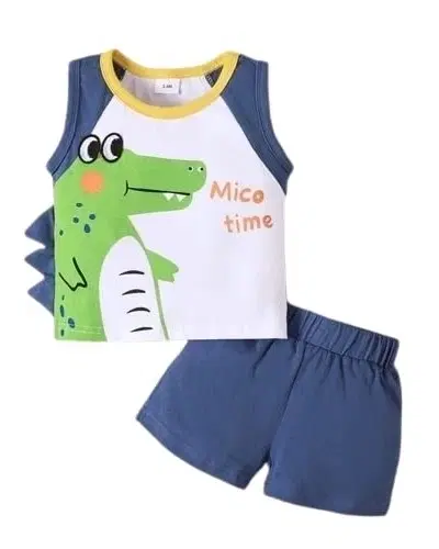 Cotton Printed Clothing Set for Boys, Blue & White (4-5 Years)