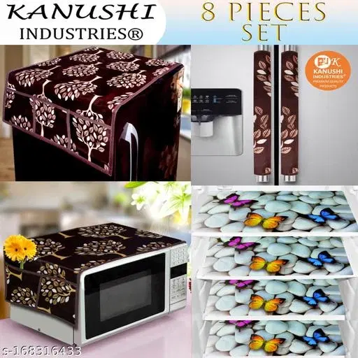 KANUSHI Industries® Fridge/Refrigerator Cove + 1 Pc microwave cover + 2 Pc handle cover + 4 pc Fridge Mats(FRI+MICRO+2-HDL-BROWN-TREE+M-27-04)