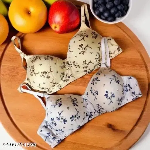 Cotton Printed Bra for Women & Girls, White & Cream, Pack of 3 (34A)