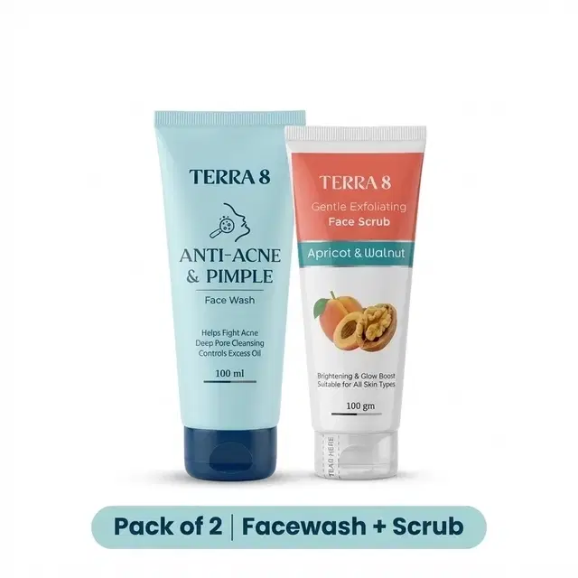 Terra 8 Anti-Pimple Facewash 100g (Tube) and Terra 8 Face Scrub (Apricot & Walnut) 100g