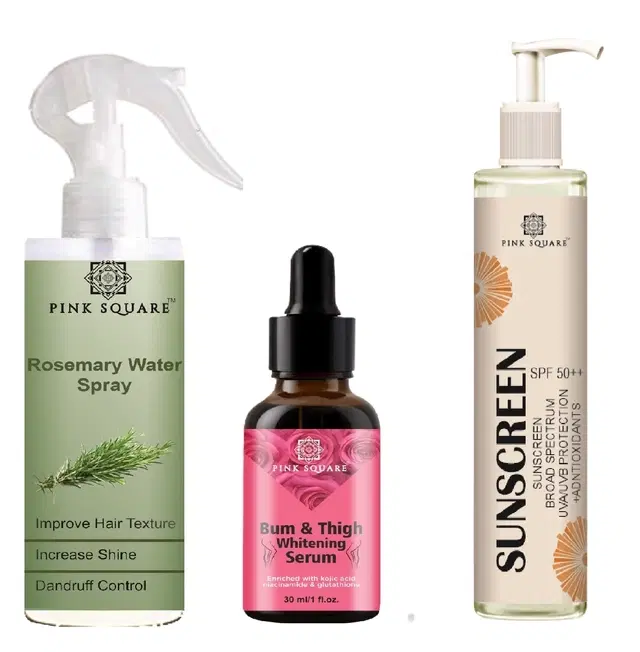 Pink Square Rosemary Hair Spray, 100 ml with Bum & Thigh Whitening Serum, 30 ml & Spf Sunscreen Lotion, 100 ml, Set of 3