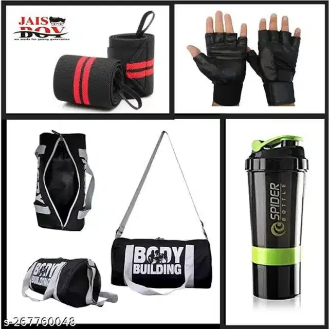 Combo of Gym Bag with Shaker Bottle, 400 ml, Gloves & Wrist Support Bands, Multicolor, Set of 4