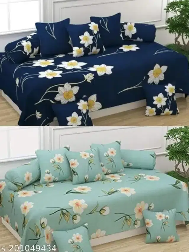 Polycotton Diwan Cover Set, Navy Blue & Aqua Blue, Combo of 2