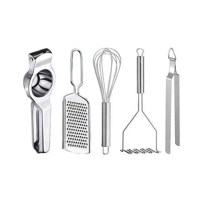 Oc9 Stainless Steel Lemon Squeezer & Cheese Grater & Egg Whisk & Potato Masher & Roti Chimta Kitchen Tool Set, O-99