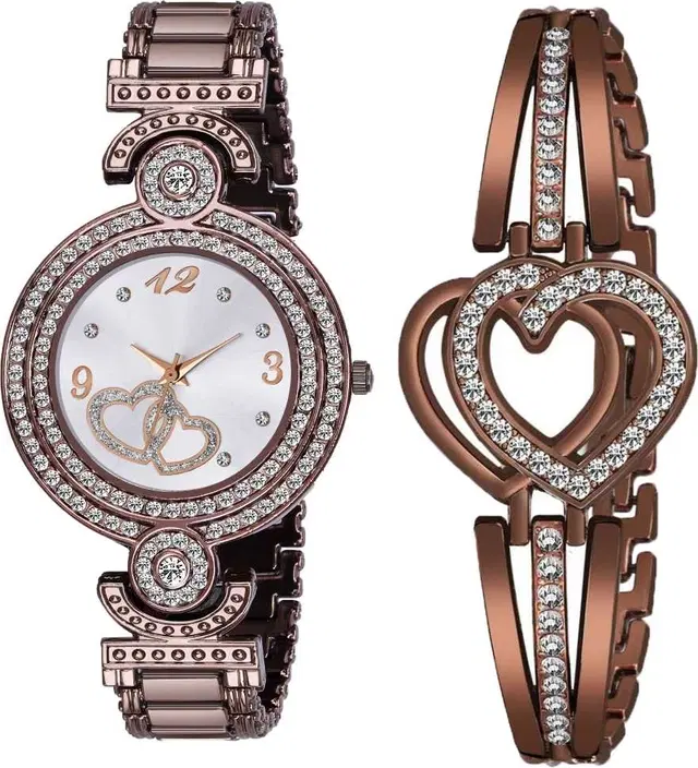 Metal Strap Analog Watch with Bracelet for Women & Girls, Set of 2 (Multicolor)
