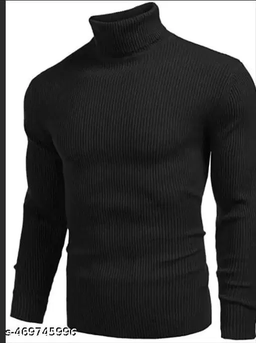 Wool Solid Hi-Neck Sweater for Men, Black (S)