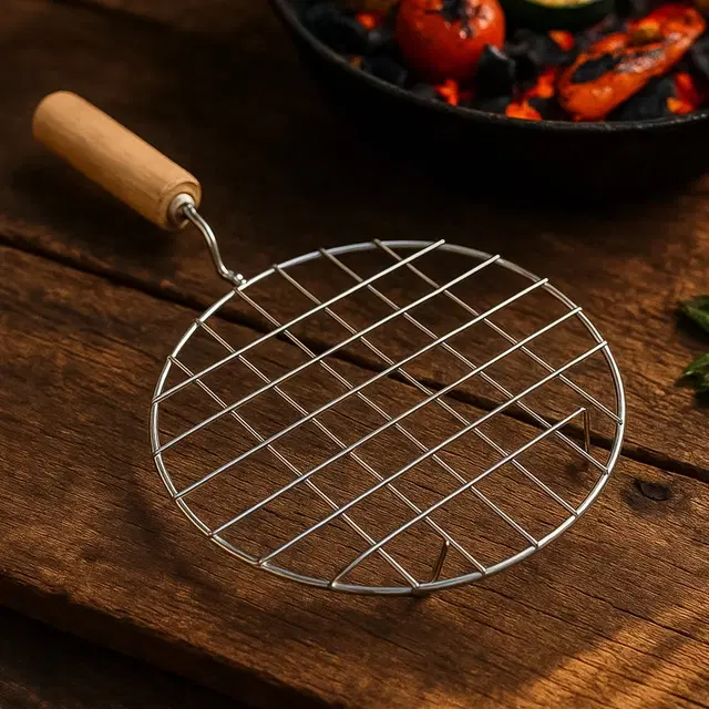 Round Stainless Steel Roaster Papad Jali, Barbecue Grill with Wooden Handle_2085