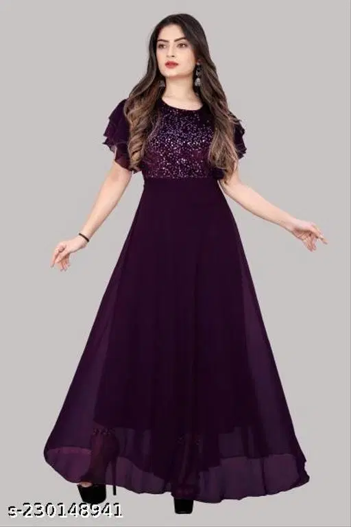 Georgette Embellished Gown for Women (Wine, XL)
