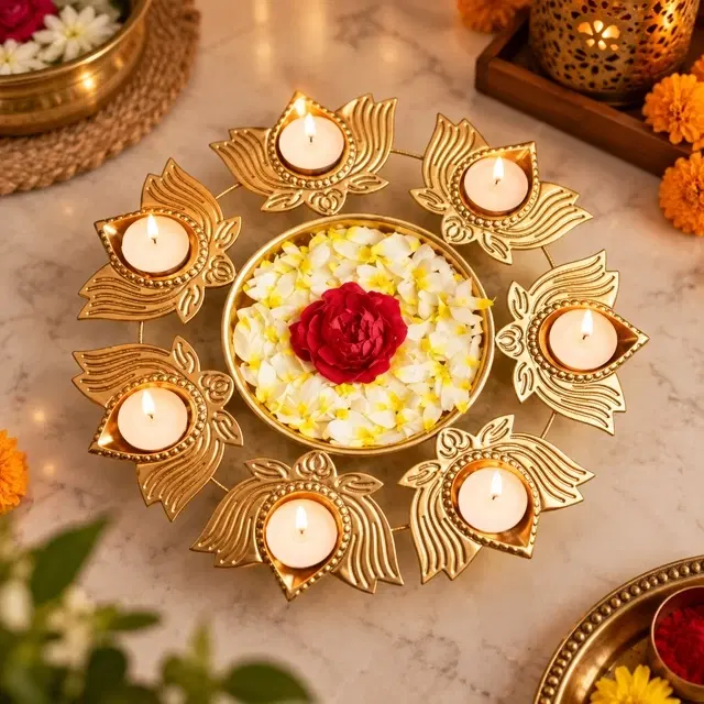 Metal Lotus Urli Diya 8 Inch, Decorative Oil Lamp For Pooja, Home Temple & Diwali Decoration