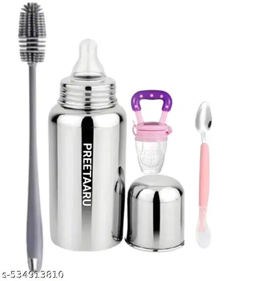 Steel Feeding Bottle ,Fruit Nibbler, Bottle Cleaning Brush With Cutter Spoon