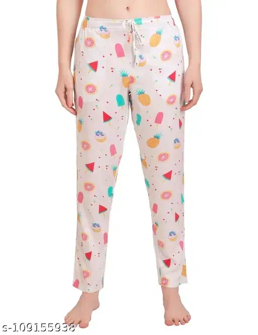 Fancy Ladies Printed Night Pajama, White (S)