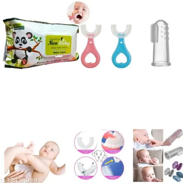 Silicone 2 Pcs Teether with Finger Brush & 80 Pcs Cleaning Wipes for Baby, Multicolor, Set of 3