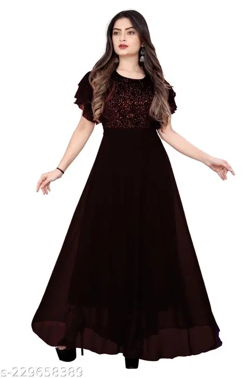 Georgette Embellished Gown for Women (Maroon, XXL)