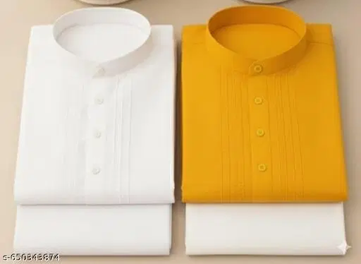 Cotton Solid Kurta Set for Men, White & Yellow, Pack of 2 (M)